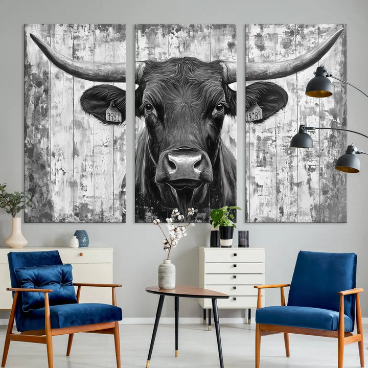 An Abstract Longhorn Bull Wall Art Canvas Print, featuring a rustic Texas western cow design, infuses the space with rustic charm and farmhouse wall decor.