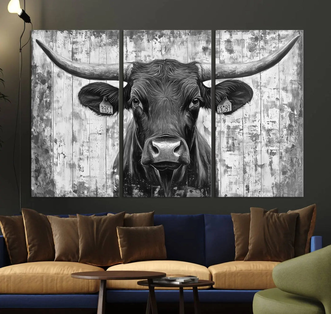 An Abstract Longhorn Bull Wall Art Canvas Print, featuring a rustic Texas western cow design, infuses the space with rustic charm and farmhouse wall decor.