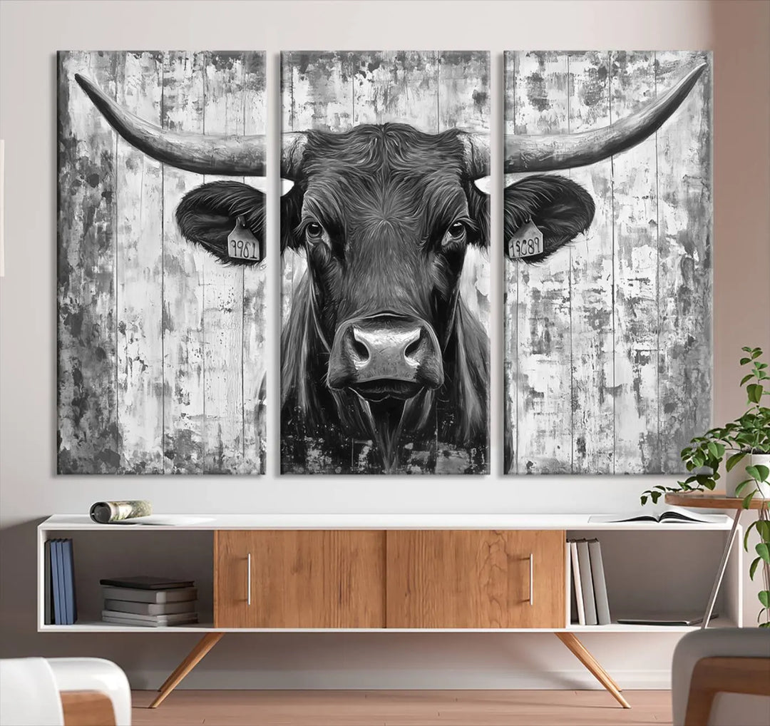 An Abstract Longhorn Bull Wall Art Canvas Print, featuring a rustic Texas western cow design, infuses the space with rustic charm and farmhouse wall decor.