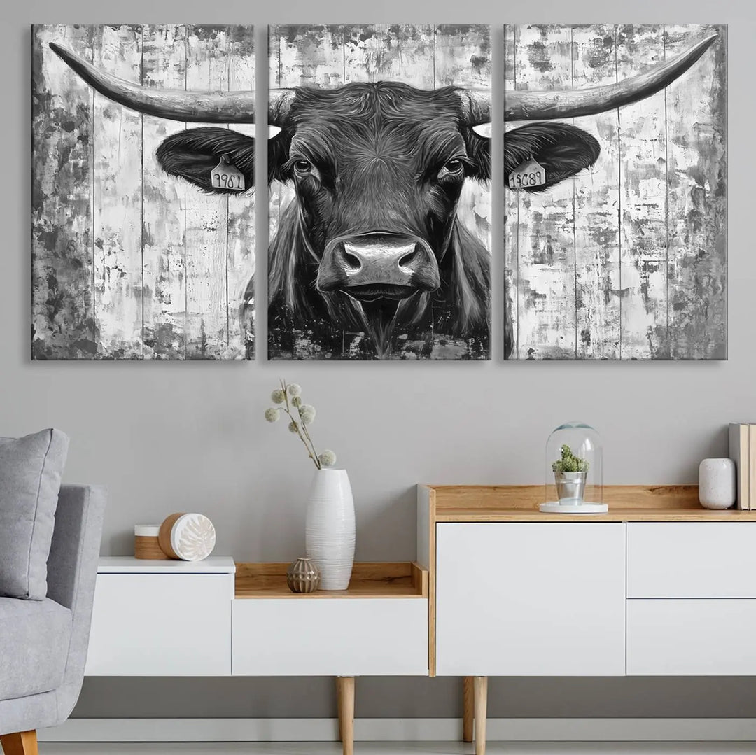 An Abstract Longhorn Bull Wall Art Canvas Print, featuring a rustic Texas western cow design, infuses the space with rustic charm and farmhouse wall decor.