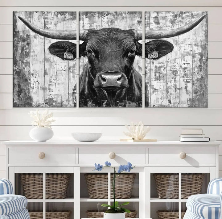 An Abstract Longhorn Bull Wall Art Canvas Print, featuring a rustic Texas western cow design, infuses the space with rustic charm and farmhouse wall decor.