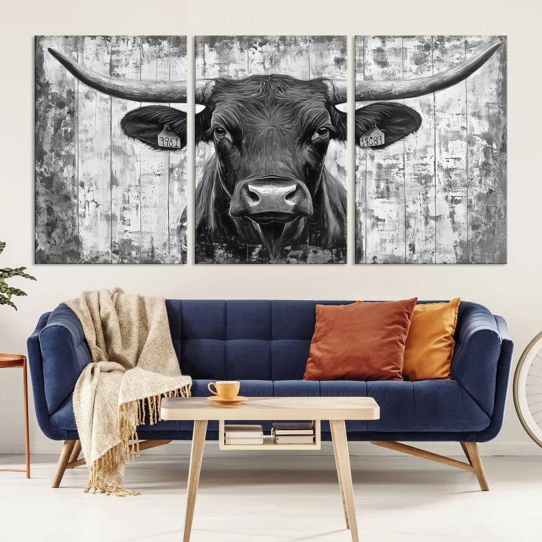 An Abstract Longhorn Bull Wall Art Canvas Print, featuring a rustic Texas western cow design, infuses the space with rustic charm and farmhouse wall decor.