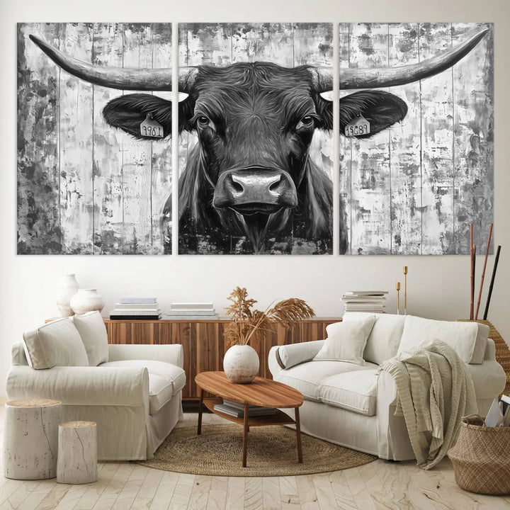 An Abstract Longhorn Bull Wall Art Canvas Print, featuring a rustic Texas western cow design, infuses the space with rustic charm and farmhouse wall decor.