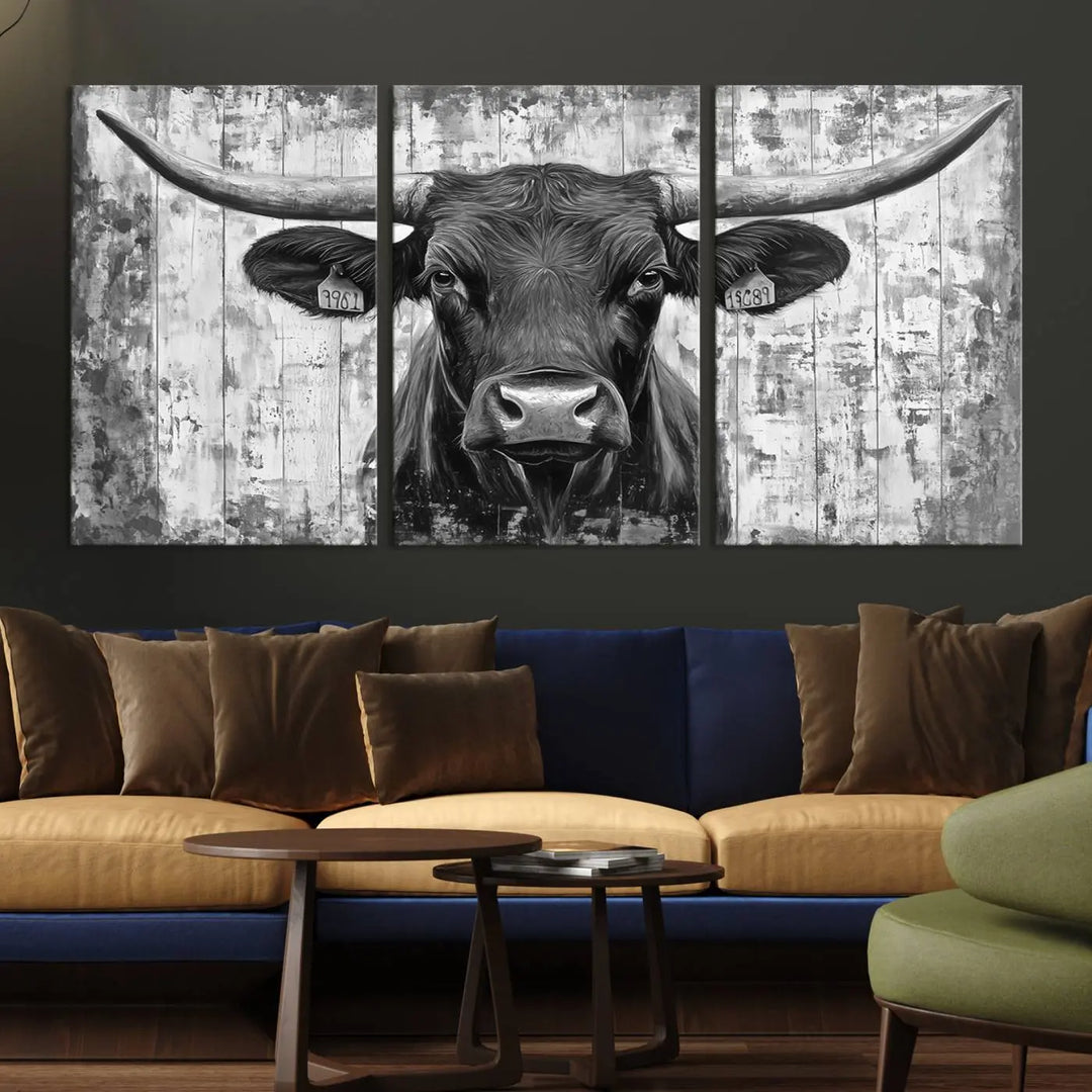 An Abstract Longhorn Bull Wall Art Canvas Print, featuring a rustic Texas western cow design, infuses the space with rustic charm and farmhouse wall decor.