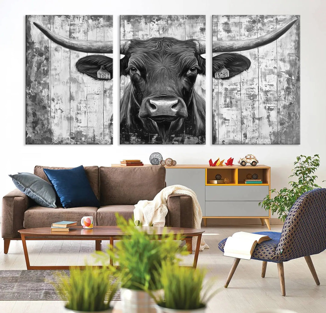 An Abstract Longhorn Bull Wall Art Canvas Print, featuring a rustic Texas western cow design, infuses the space with rustic charm and farmhouse wall decor.