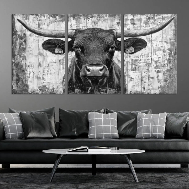 An Abstract Longhorn Bull Wall Art Canvas Print, featuring a rustic Texas western cow design, infuses the space with rustic charm and farmhouse wall decor.