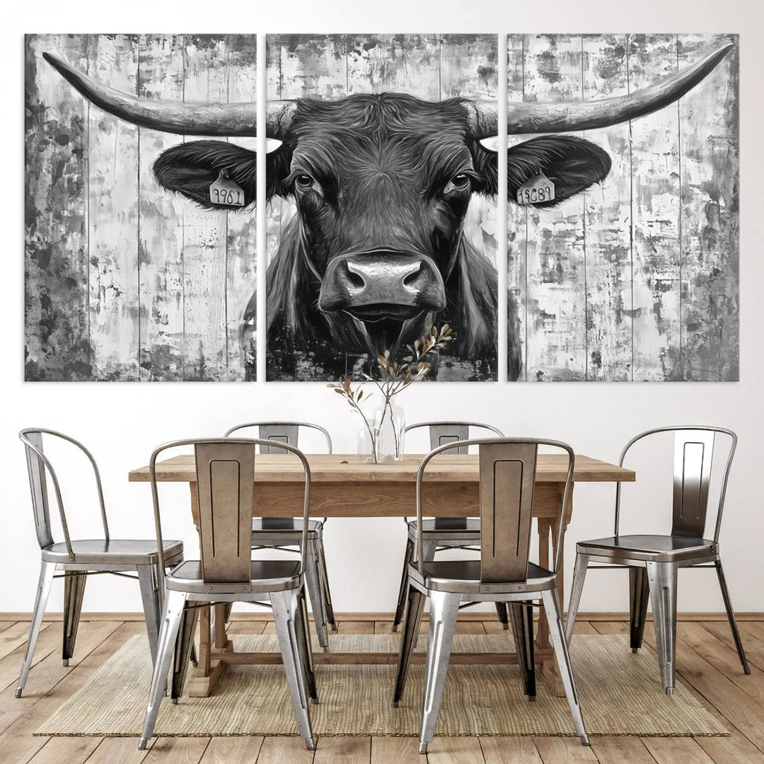 An Abstract Longhorn Bull Wall Art Canvas Print, featuring a rustic Texas western cow design, infuses the space with rustic charm and farmhouse wall decor.