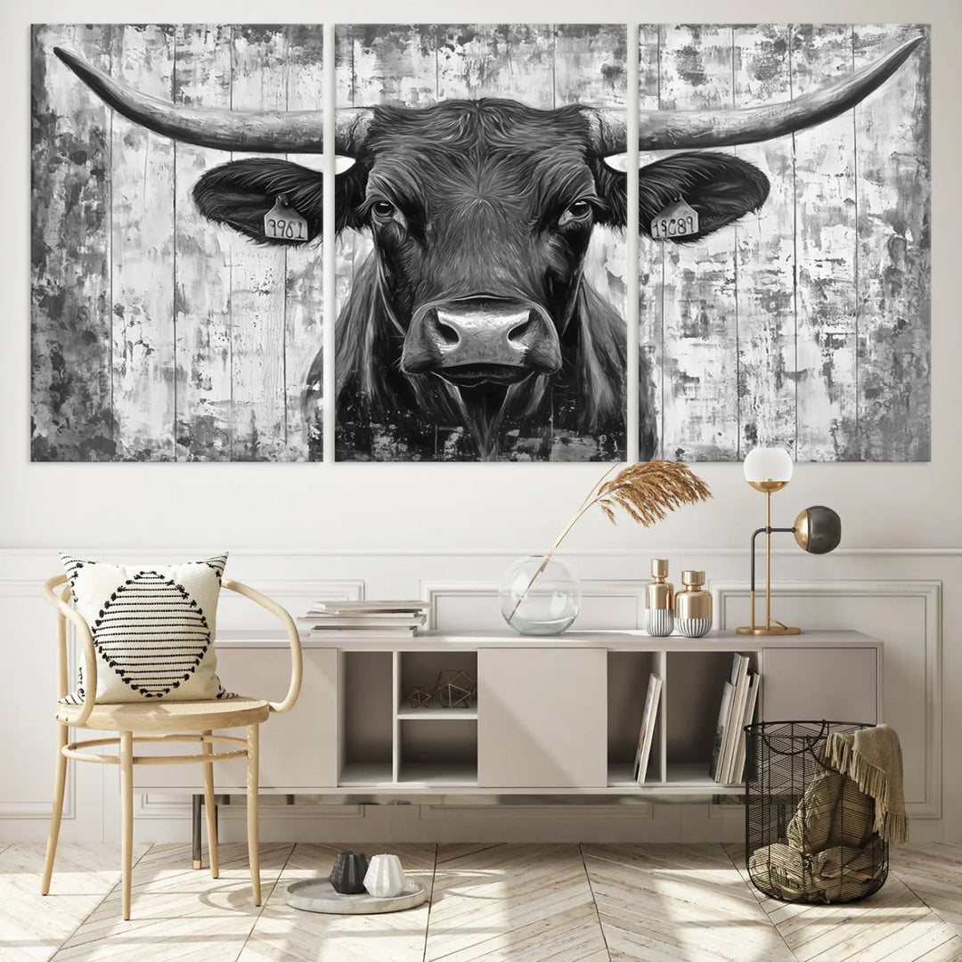 An Abstract Longhorn Bull Wall Art Canvas Print, featuring a rustic Texas western cow design, infuses the space with rustic charm and farmhouse wall decor.