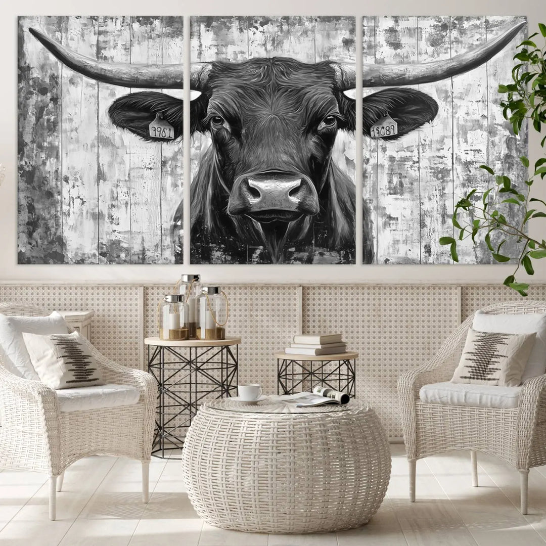 An Abstract Longhorn Bull Wall Art Canvas Print, featuring a rustic Texas western cow design, infuses the space with rustic charm and farmhouse wall decor.