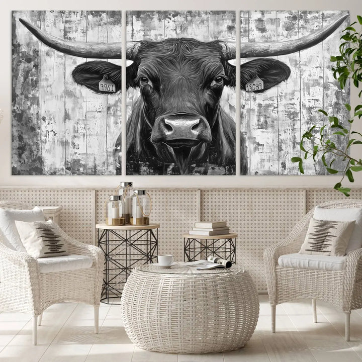 An Abstract Longhorn Bull Wall Art Canvas Print, featuring a rustic Texas western cow design, infuses the space with rustic charm and farmhouse wall decor.