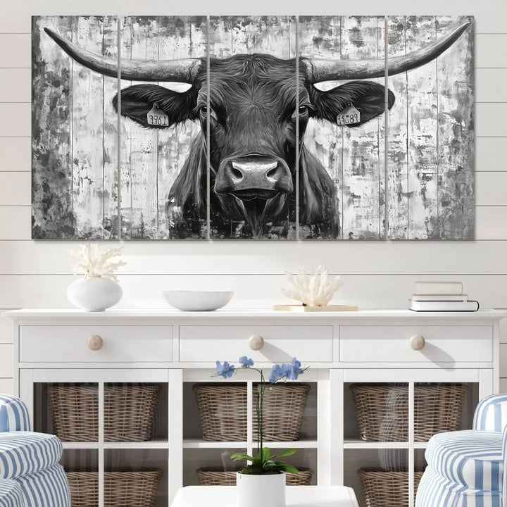 An Abstract Longhorn Bull Wall Art Canvas Print, featuring a rustic Texas western cow design, infuses the space with rustic charm and farmhouse wall decor.