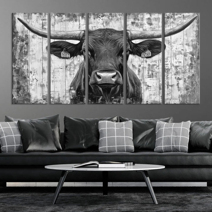 An Abstract Longhorn Bull Wall Art Canvas Print, featuring a rustic Texas western cow design, infuses the space with rustic charm and farmhouse wall decor.