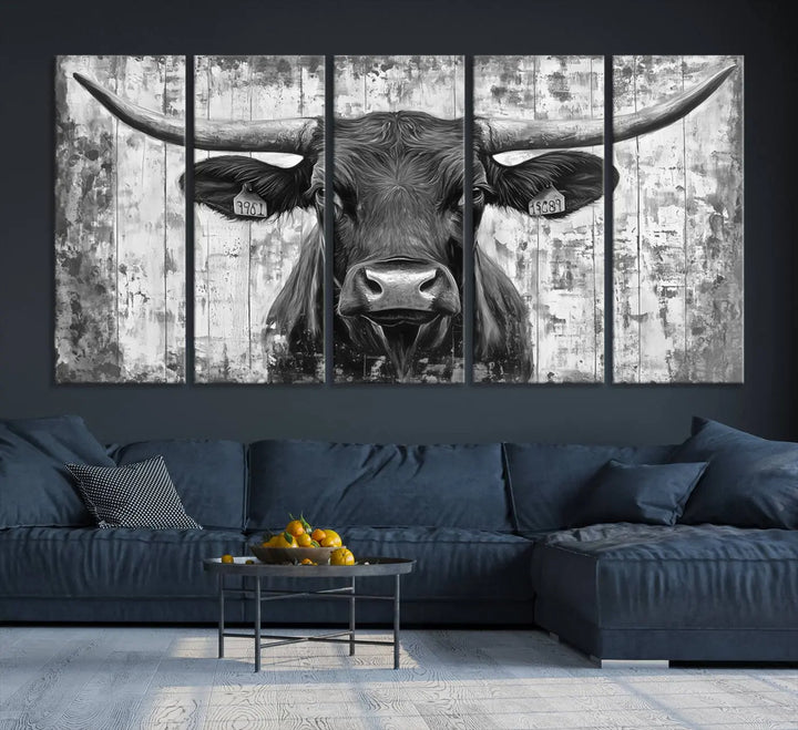 An Abstract Longhorn Bull Wall Art Canvas Print, featuring a rustic Texas western cow design, infuses the space with rustic charm and farmhouse wall decor.