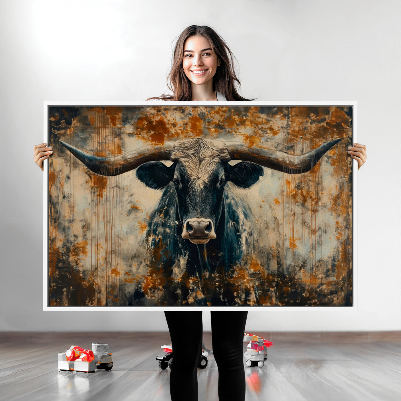 Abstract Longhorn Bull Wall Art | Rustic Western Wall Decor | Framed and Ready to Hang | Ideal for Farmhouse, Lodge, and Barn Decor