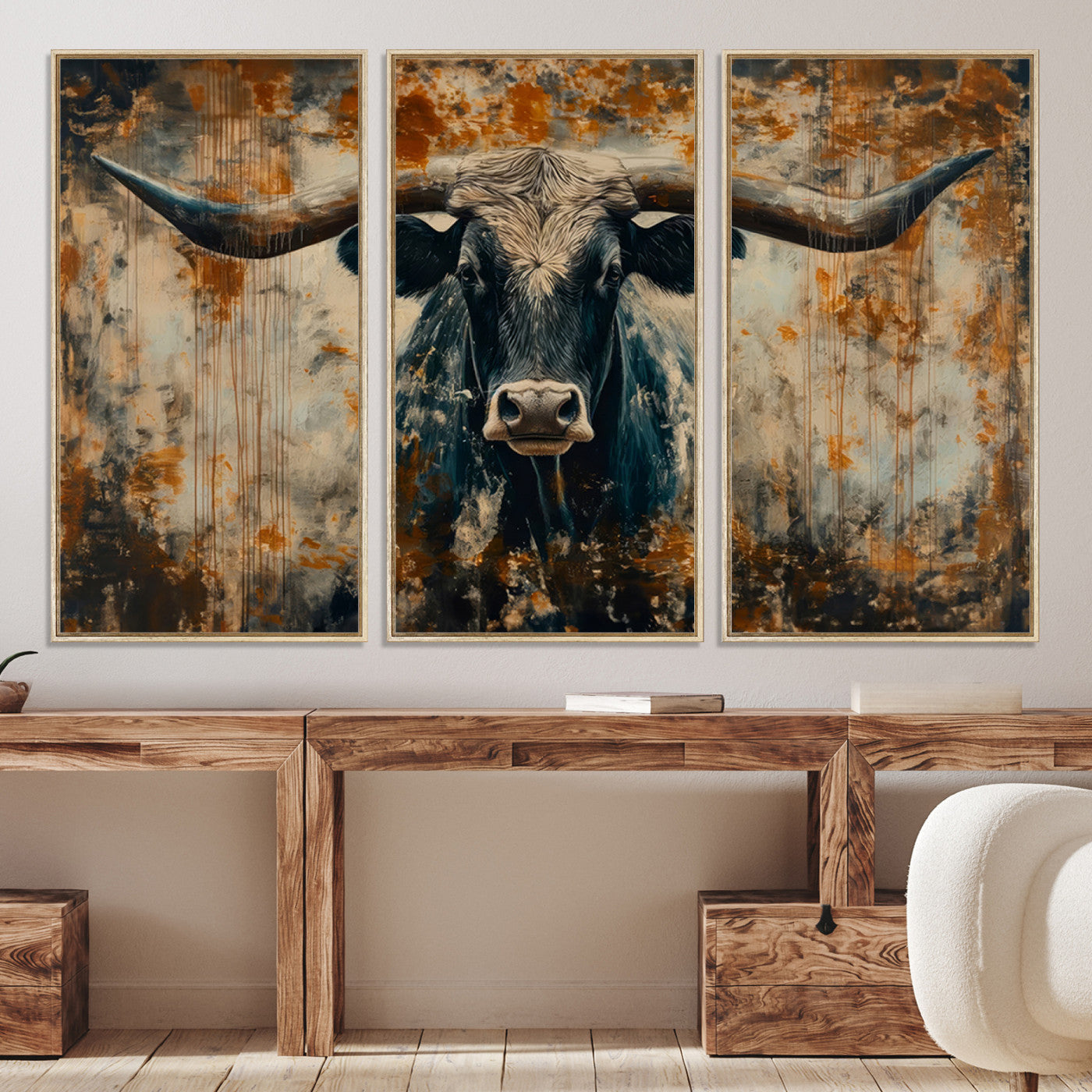 Abstract Longhorn Bull Wall Art | Rustic Western Wall Decor | Framed and Ready to Hang | Ideal for Farmhouse, Lodge, and Barn Decor