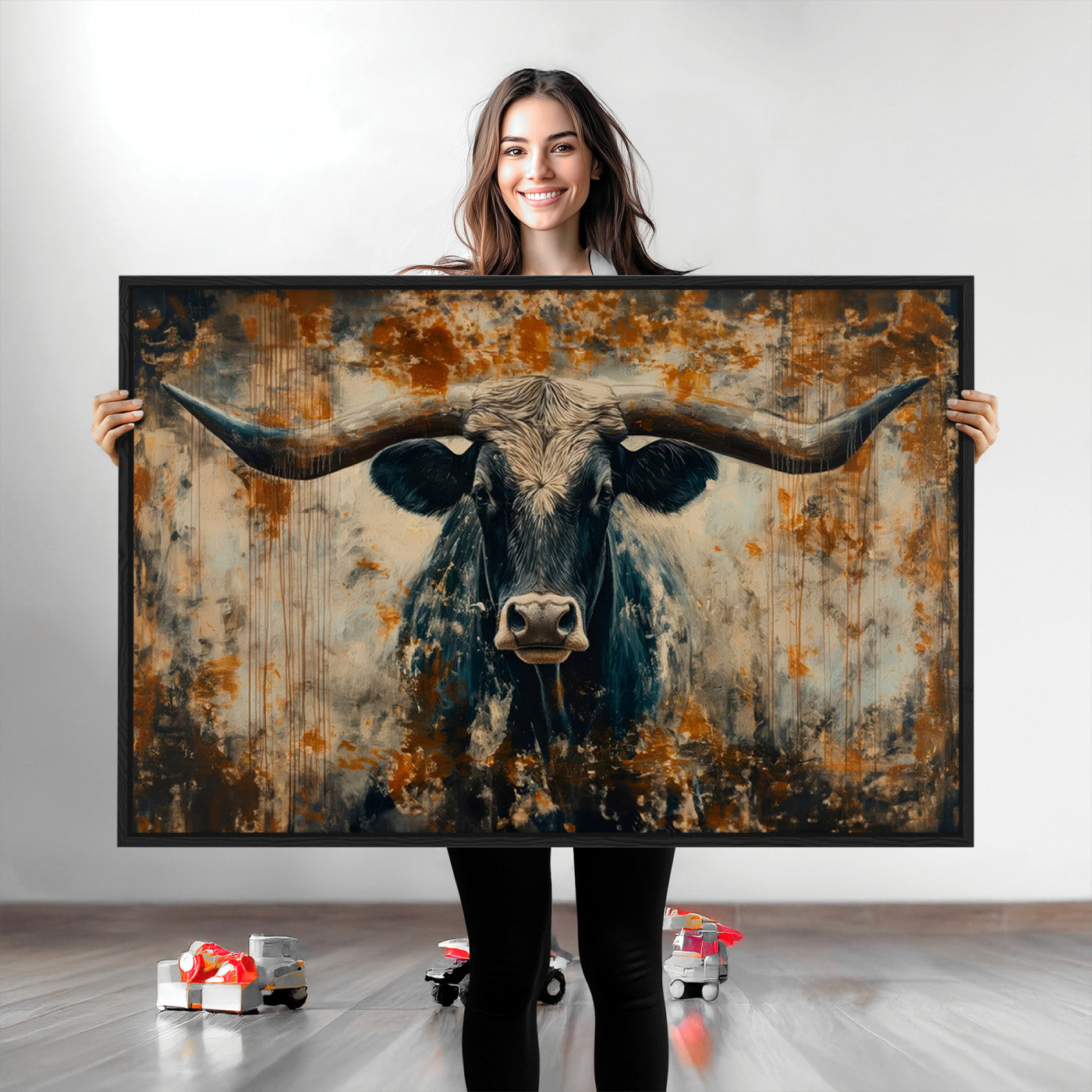 Abstract Longhorn Bull Wall Art | Rustic Western Wall Decor | Framed and Ready to Hang | Ideal for Farmhouse, Lodge, and Barn Decor