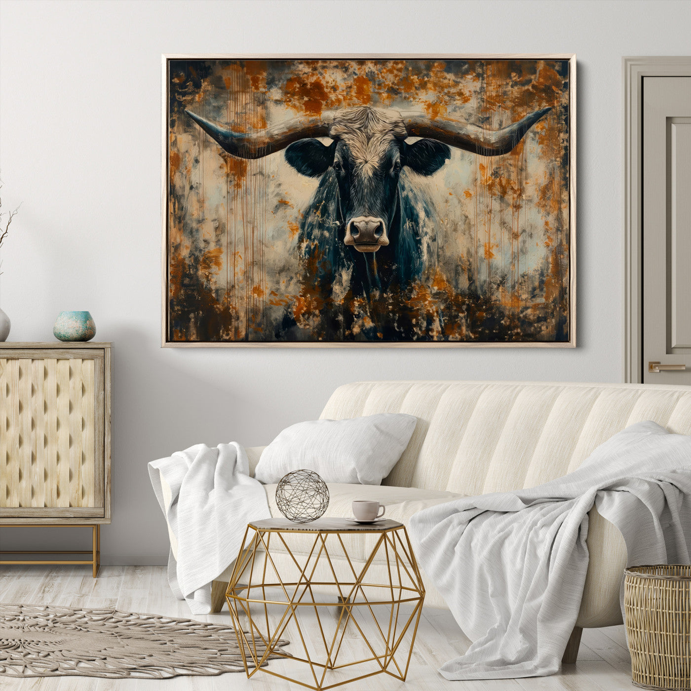 Abstract Longhorn Bull Wall Art | Rustic Western Wall Decor | Framed and Ready to Hang | Ideal for Farmhouse, Lodge, and Barn Decor