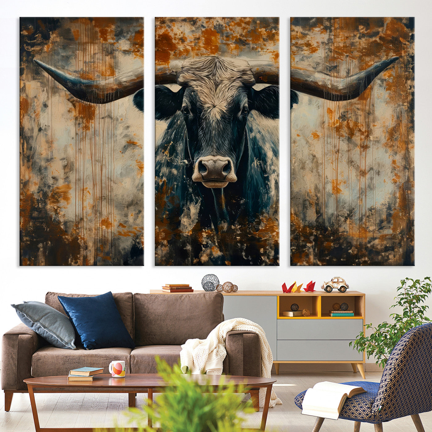 85913-MGV-CV-36X24-Abstract Longhorn Bull Wall Art | Rustic Western Wall Decor | Framed and Ready to Hang | Ideal for Farmhouse, Lodge, and Barn Decor