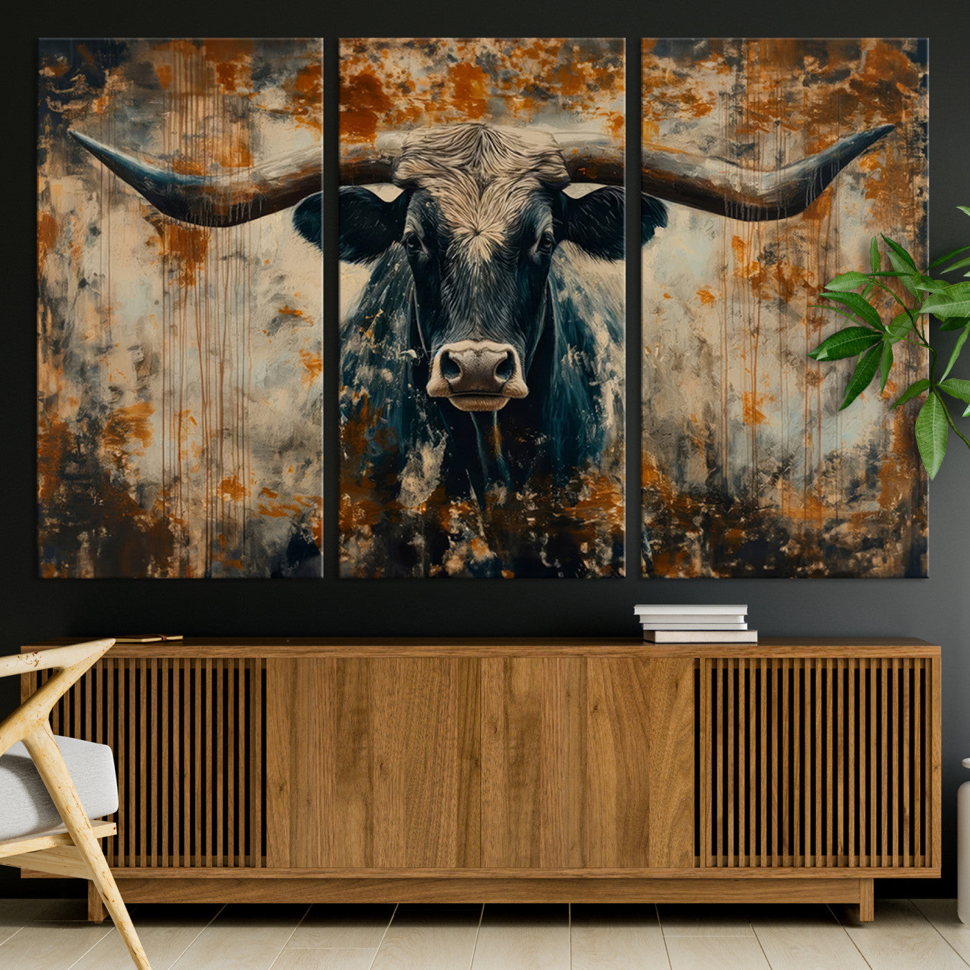 85913-MGV-CV-36X24-Abstract Longhorn Bull Wall Art | Rustic Western Wall Decor | Framed and Ready to Hang | Ideal for Farmhouse, Lodge, and Barn Decor