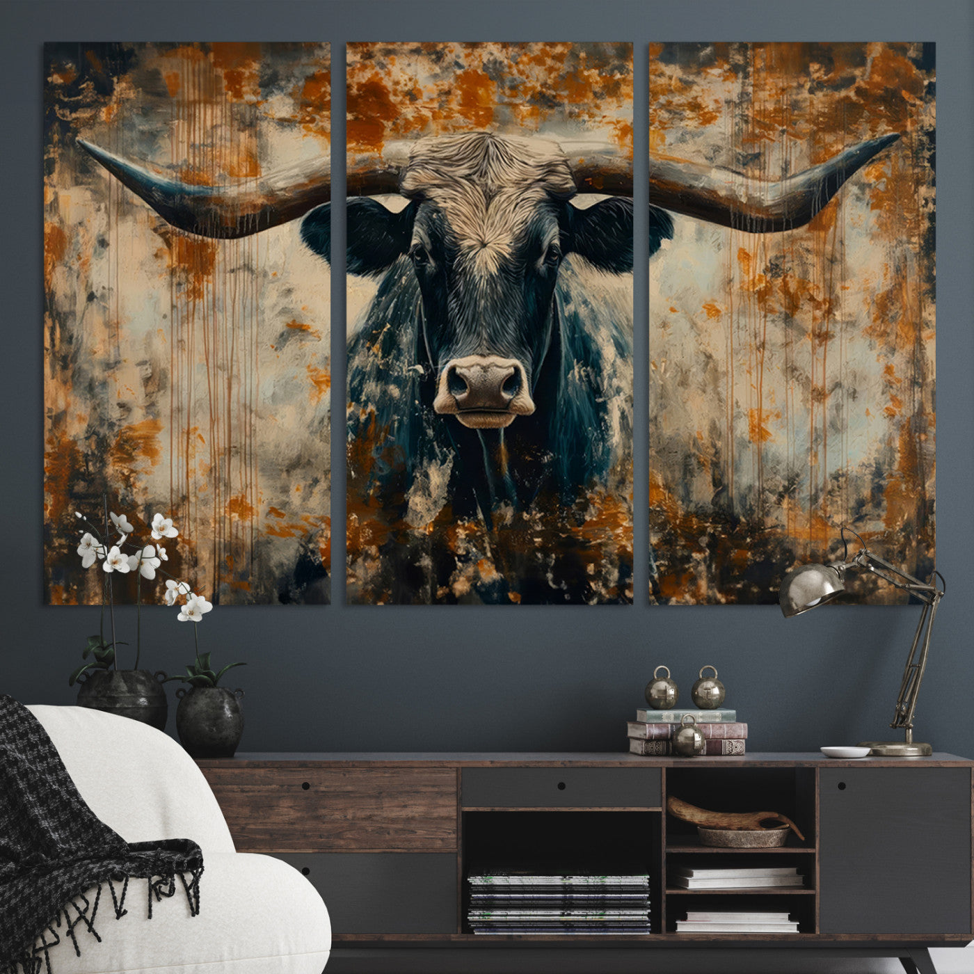 85913-MGV-CV-36X24-Abstract Longhorn Bull Wall Art | Rustic Western Wall Decor | Framed and Ready to Hang | Ideal for Farmhouse, Lodge, and Barn Decor