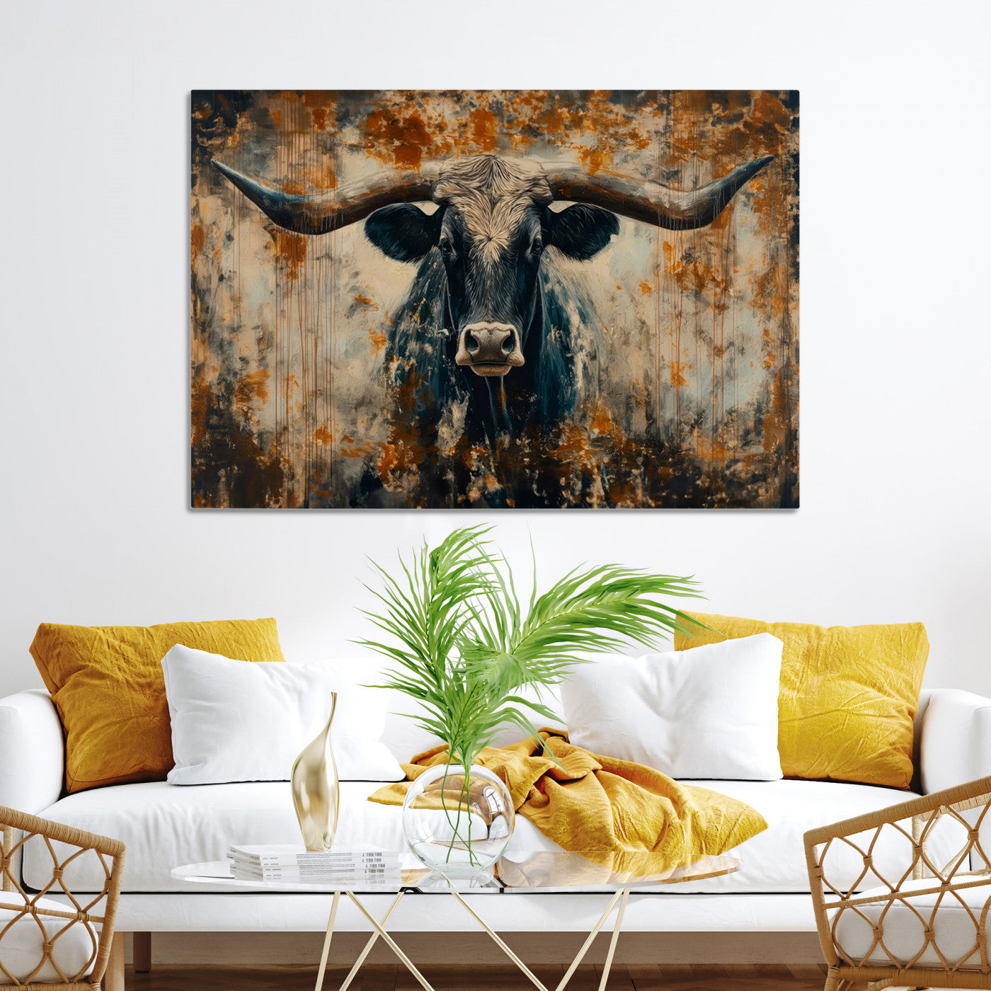 Abstract Longhorn Bull Wall Art | Rustic Western Wall Decor | Framed and Ready to Hang | Ideal for Farmhouse, Lodge, and Barn Decor