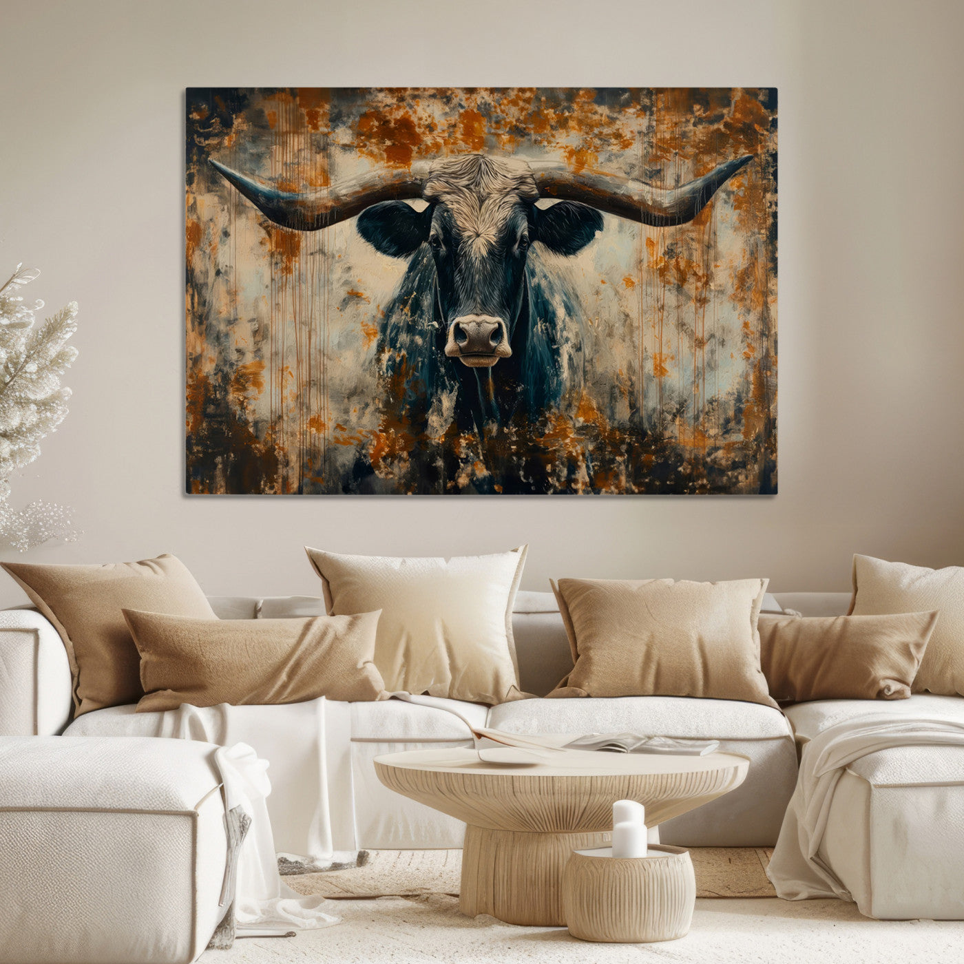 Abstract Longhorn Bull Wall Art | Rustic Western Wall Decor | Framed and Ready to Hang | Ideal for Farmhouse, Lodge, and Barn Decor