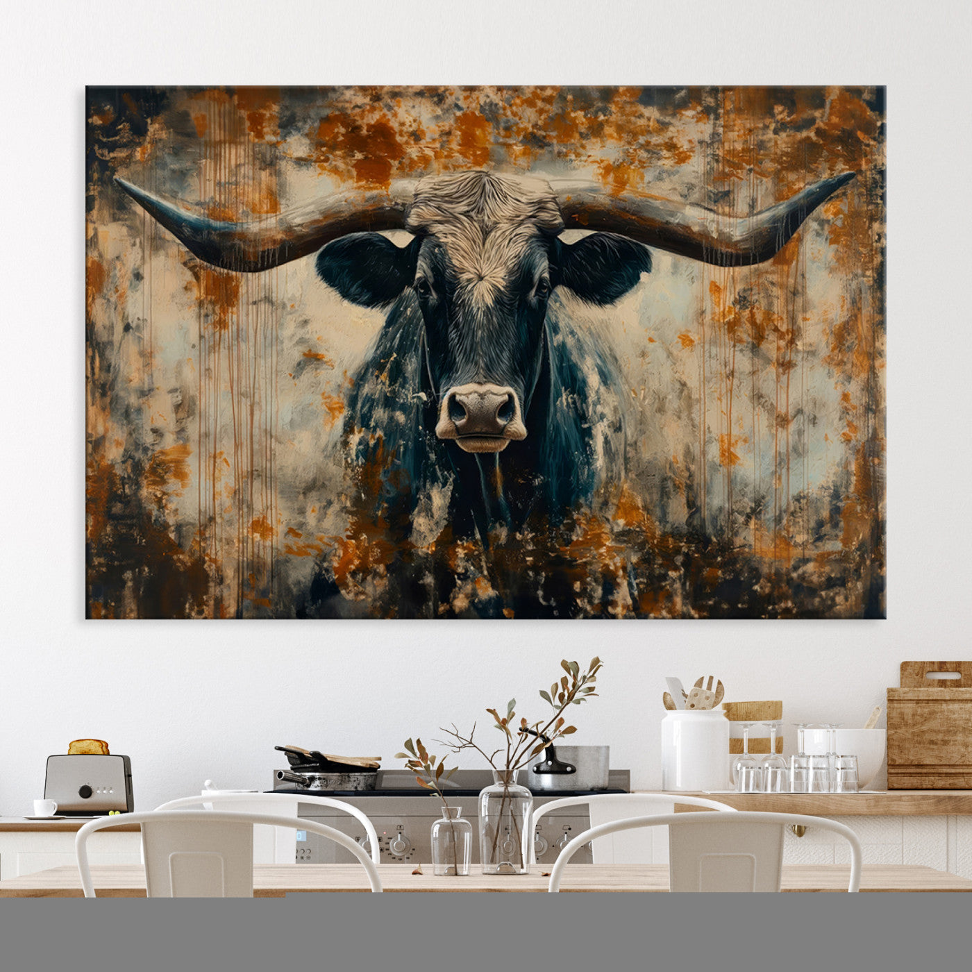 Abstract Longhorn Bull Wall Art | Rustic Western Wall Decor | Framed and Ready to Hang | Ideal for Farmhouse, Lodge, and Barn Decor