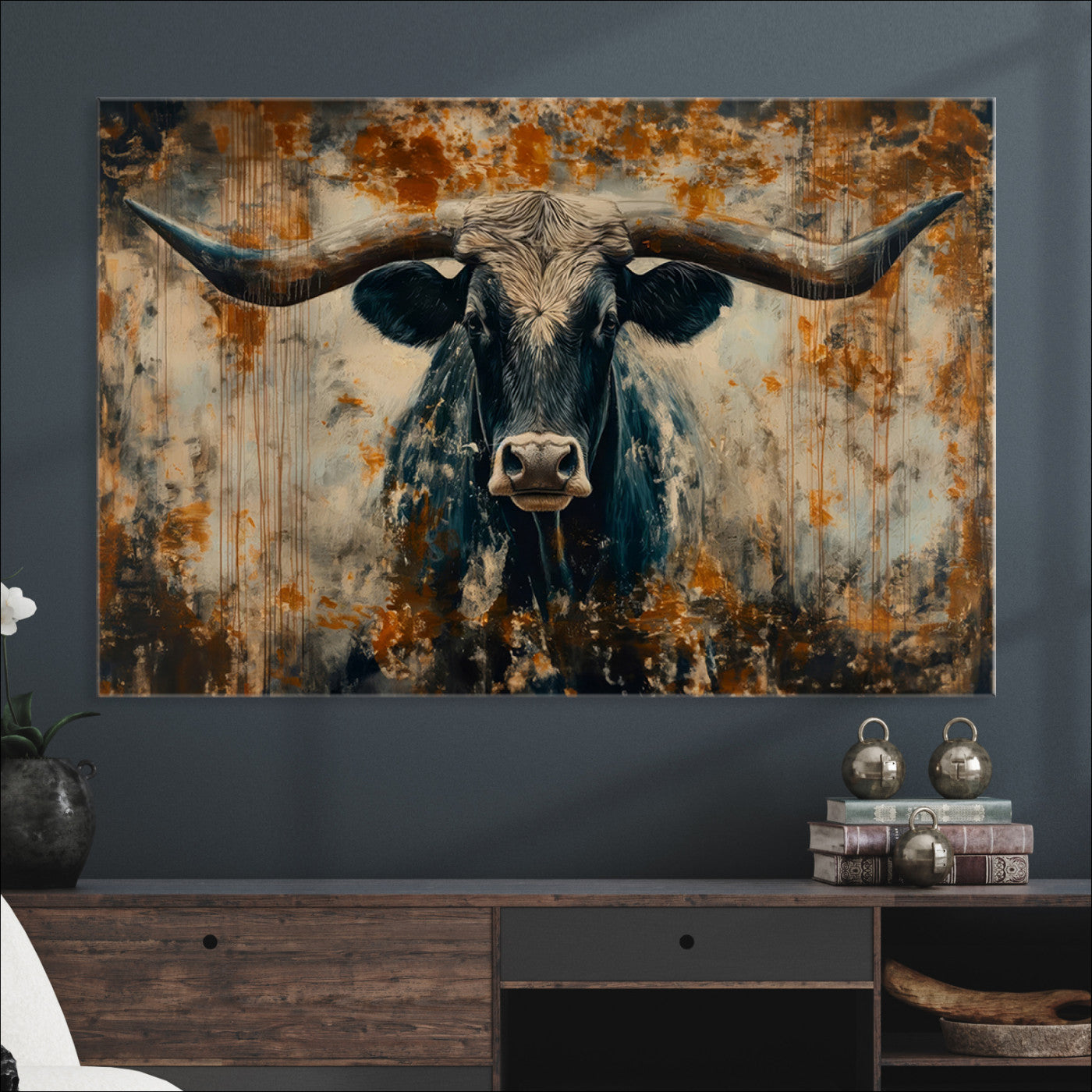Abstract Longhorn Bull Wall Art | Rustic Western Wall Decor | Framed and Ready to Hang | Ideal for Farmhouse, Lodge, and Barn Decor