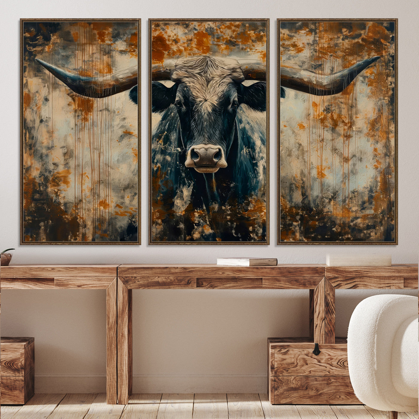 Abstract Longhorn Bull Wall Art | Rustic Western Wall Decor | Framed and Ready to Hang | Ideal for Farmhouse, Lodge, and Barn Decor
