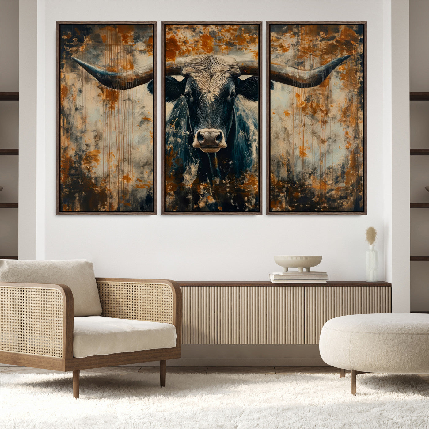 85913-MGV-FC-48X32-3P_Walnut-Abstract Longhorn Bull Wall Art | Rustic Western Wall Decor | Framed and Ready to Hang | Ideal for Farmhouse, Lodge, and Barn Decor