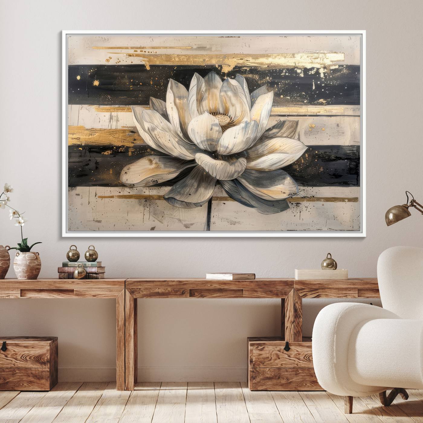 18807-MGV-FC-36X24_White-Abstract Lotus Flower Wall Art Canvas Print, Meditation Yoga Room Wall Art