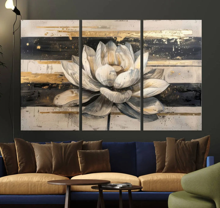 The Abstract Lotus Flower Wall Art Canvas Print, designed for a meditation or yoga room, brings elegance to any space with its stunning three-panel depiction of a lotus flower featuring gold accents. It is an exemplary piece of modern luxury.