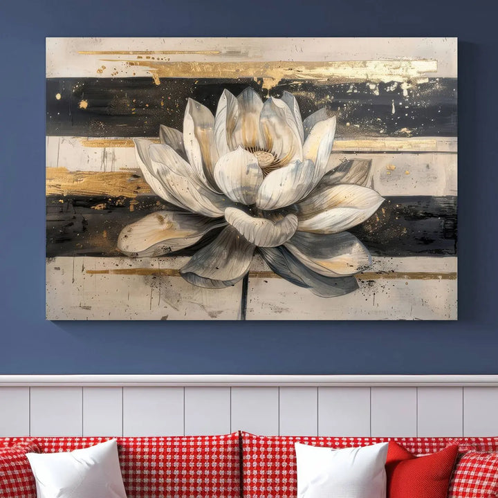 The Abstract Lotus Flower Wall Art Canvas Print, designed for a meditation or yoga room, brings elegance to any space with its stunning three-panel depiction of a lotus flower featuring gold accents. It is an exemplary piece of modern luxury.