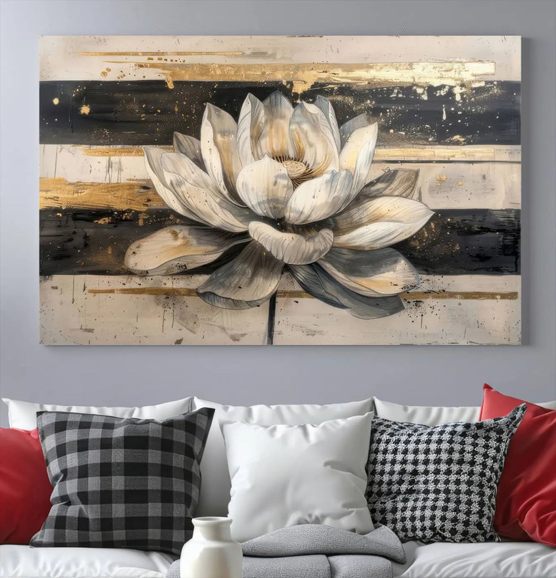 The Abstract Lotus Flower Wall Art Canvas Print, designed for a meditation or yoga room, brings elegance to any space with its stunning three-panel depiction of a lotus flower featuring gold accents. It is an exemplary piece of modern luxury.