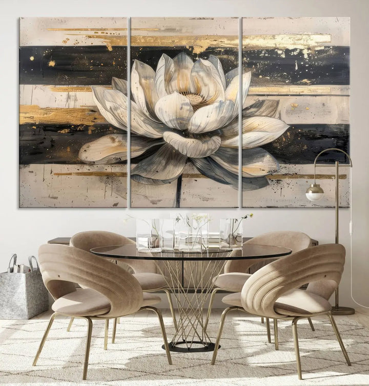 The Abstract Lotus Flower Wall Art Canvas Print, designed for a meditation or yoga room, brings elegance to any space with its stunning three-panel depiction of a lotus flower featuring gold accents. It is an exemplary piece of modern luxury.