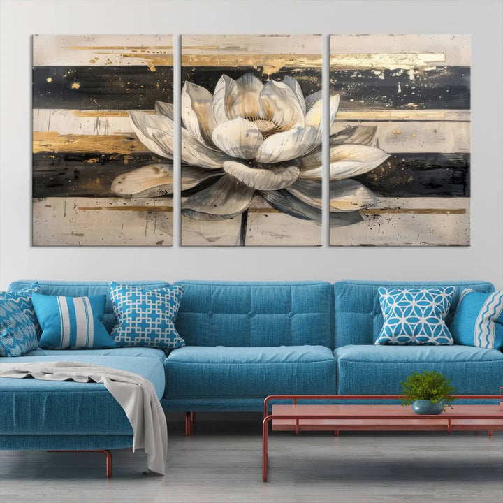 The Abstract Lotus Flower Wall Art Canvas Print, designed for a meditation or yoga room, brings elegance to any space with its stunning three-panel depiction of a lotus flower featuring gold accents. It is an exemplary piece of modern luxury.