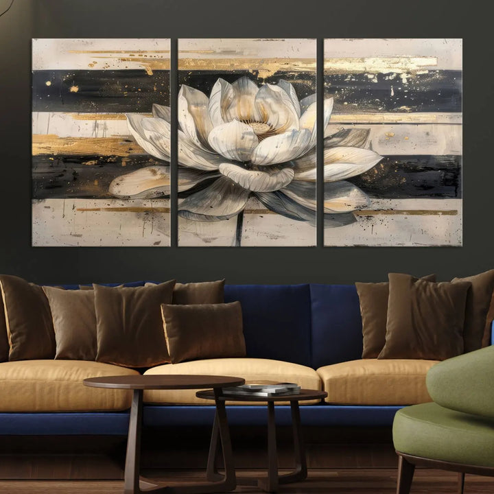 The Abstract Lotus Flower Wall Art Canvas Print, designed for a meditation or yoga room, brings elegance to any space with its stunning three-panel depiction of a lotus flower featuring gold accents. It is an exemplary piece of modern luxury.