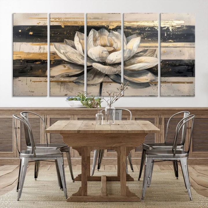 The Abstract Lotus Flower Wall Art Canvas Print, designed for a meditation or yoga room, brings elegance to any space with its stunning three-panel depiction of a lotus flower featuring gold accents. It is an exemplary piece of modern luxury.