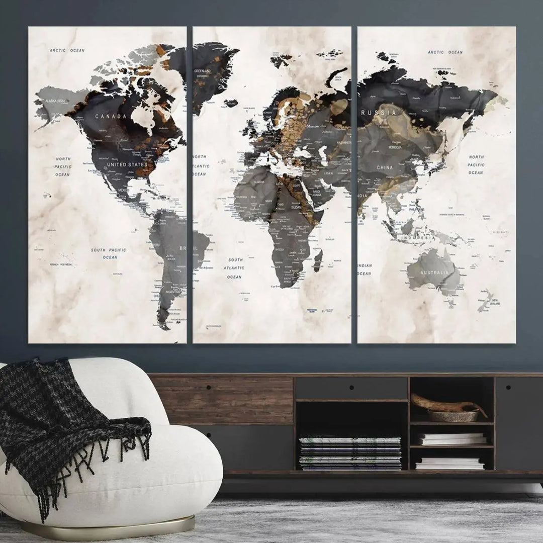 Abstract Map Printing - Modern World Map Canvas Wall Art for Sophisticated Home or Office Decor – Ready to Hang for Home or Office