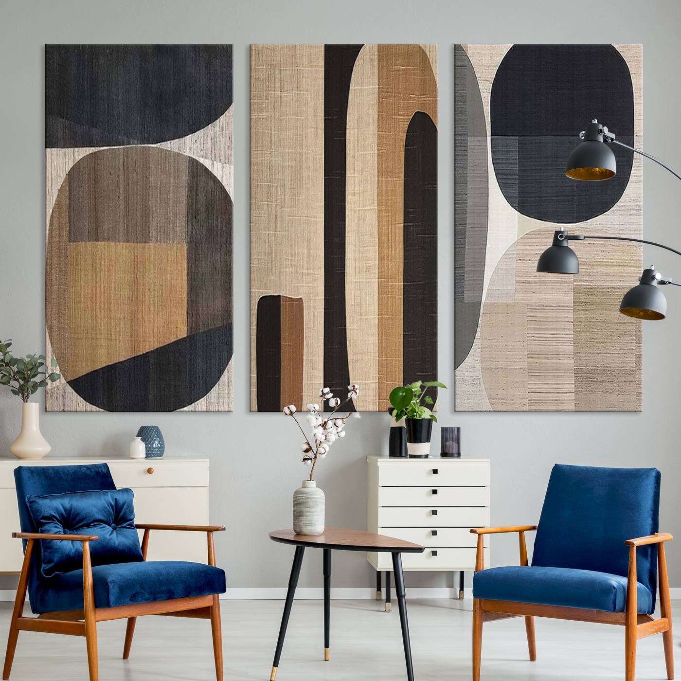 52302-MGV-CV-48X32-3P-Abstract Minimalist Canvas Wall Art - Neutral Geometric Modern Boho Decor, Minimalist Brown Wabi Sabi Abstract Wall Art Canvas Print