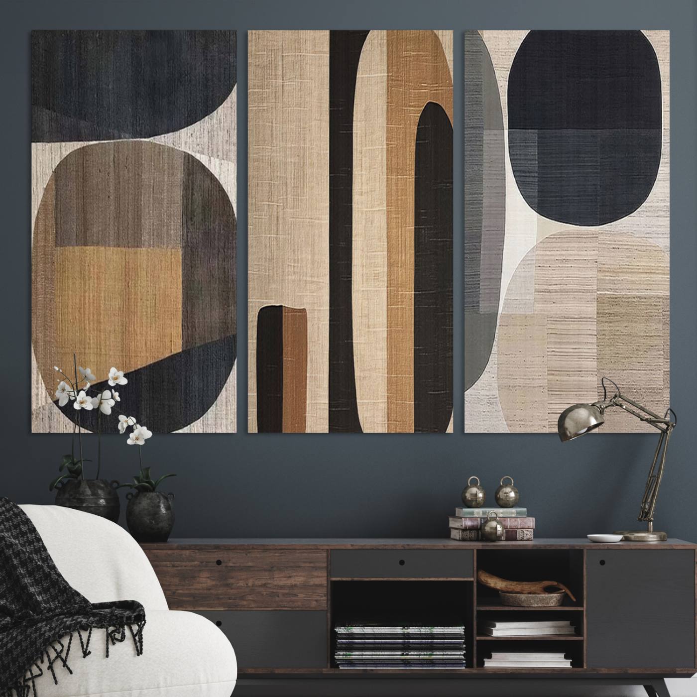 52302-MGV-CV-48X32-3P-Abstract Minimalist Canvas Wall Art - Neutral Geometric Modern Boho Decor, Minimalist Brown Wabi Sabi Abstract Wall Art Canvas Print