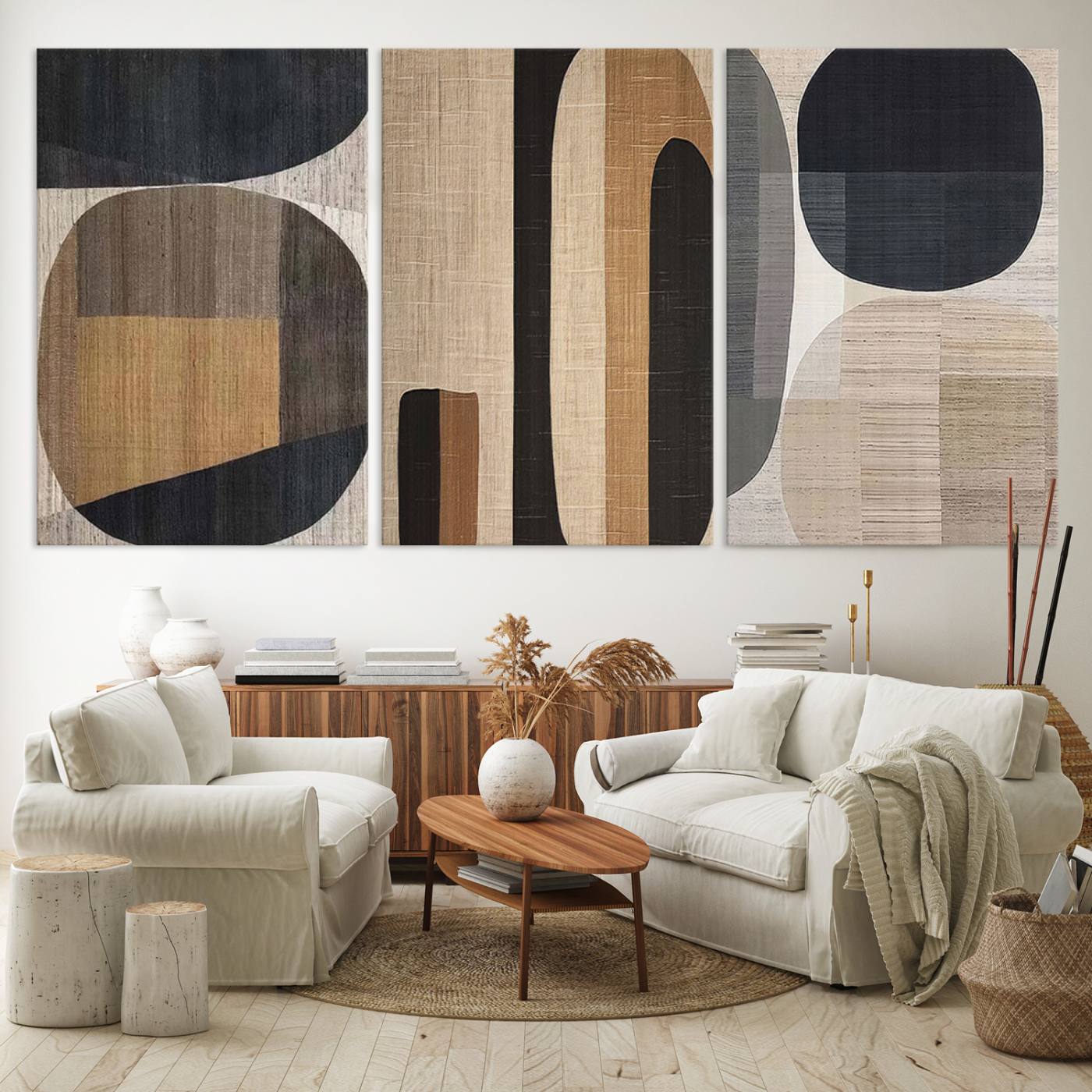 52302-MGV-CV-60X30-3P-Abstract Minimalist Canvas Wall Art - Neutral Geometric Modern Boho Decor, Minimalist Brown Wabi Sabi Abstract Wall Art Canvas Print