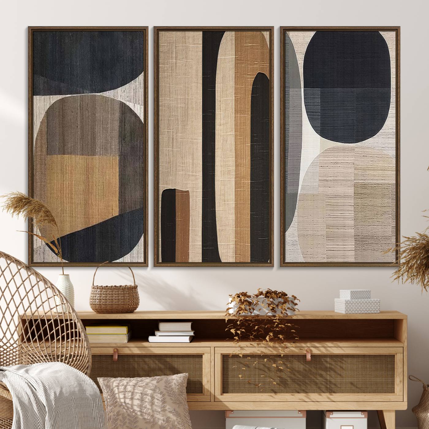 52302-MGV-FC-48X32-3P_Walnut-Abstract Minimalist Canvas Wall Art - Neutral Geometric Modern Boho Decor, Minimalist Brown Wabi Sabi Abstract Wall Art Canvas Print
