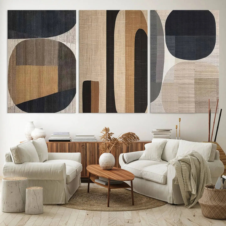 A stylish living room exuding modern elegance features the Abstract Minimalist Canvas Wall Art in a neutral geometric design.