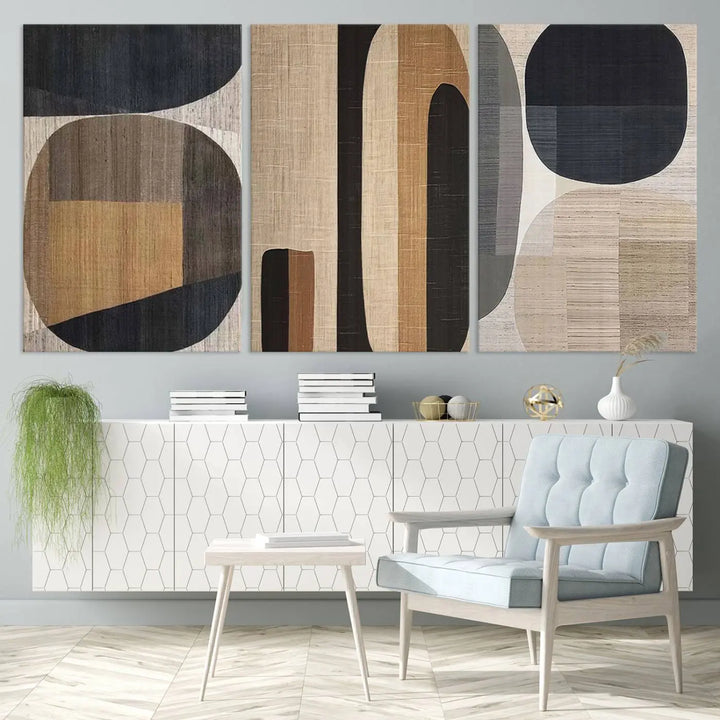 A stylish living room exuding modern elegance features the Abstract Minimalist Canvas Wall Art in a neutral geometric design.