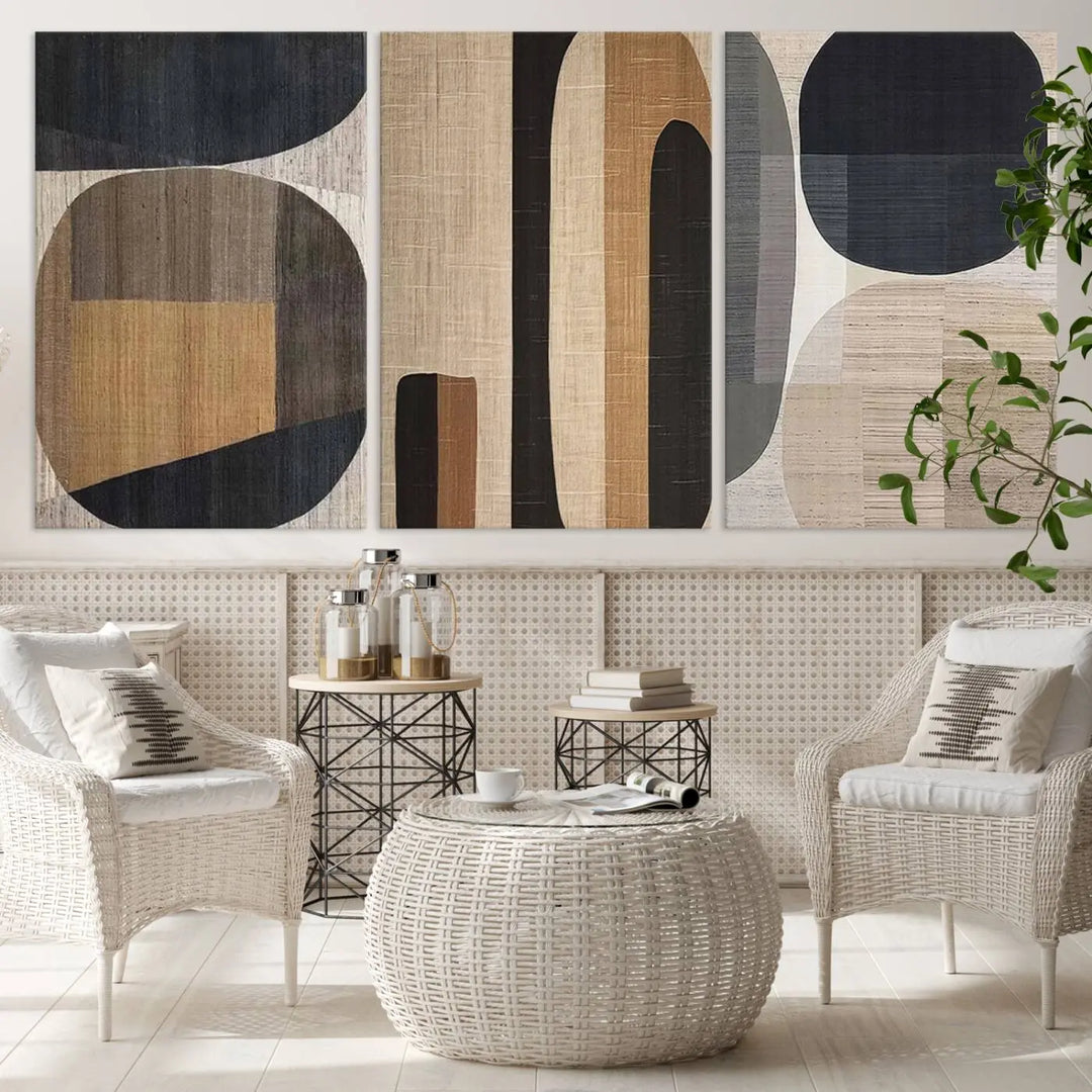 A stylish living room exuding modern elegance features the Abstract Minimalist Canvas Wall Art in a neutral geometric design.