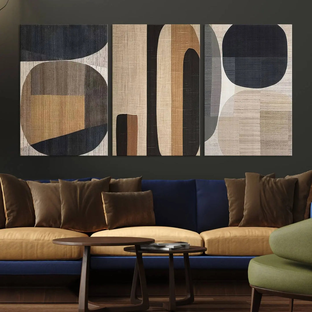 A stylish living room exuding modern elegance features the Abstract Minimalist Canvas Wall Art in a neutral geometric design.