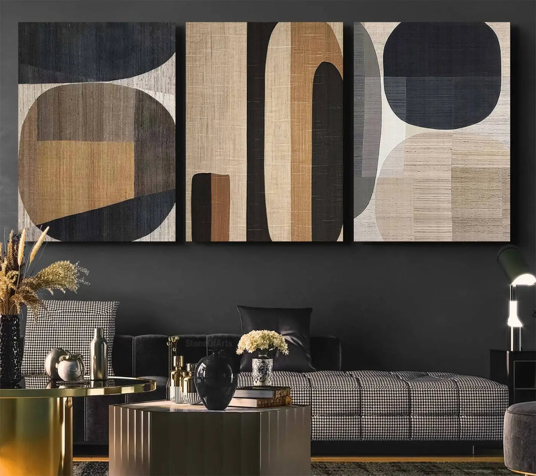 A stylish living room exuding modern elegance features the Abstract Minimalist Canvas Wall Art in a neutral geometric design.