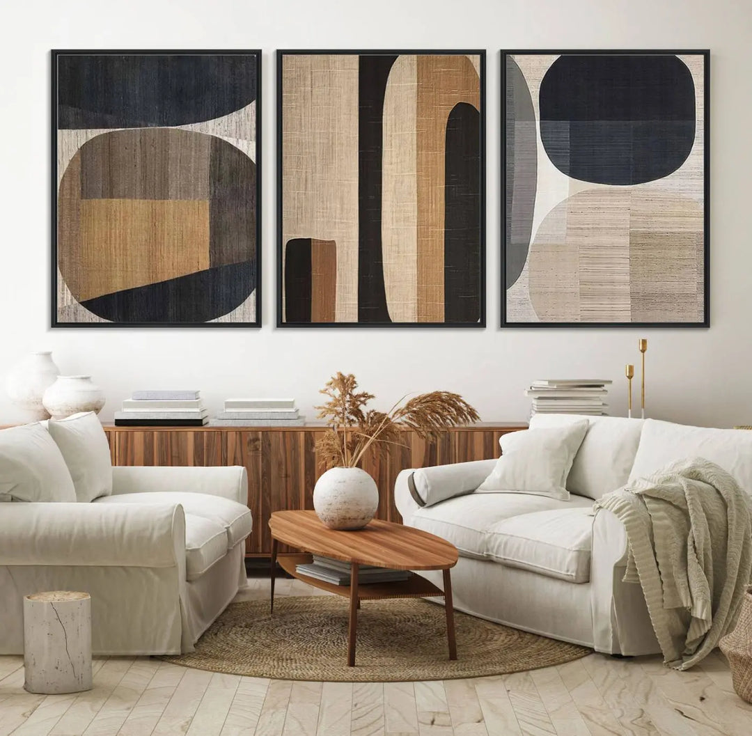 A stylish living room exuding modern elegance features the Abstract Minimalist Canvas Wall Art in a neutral geometric design.