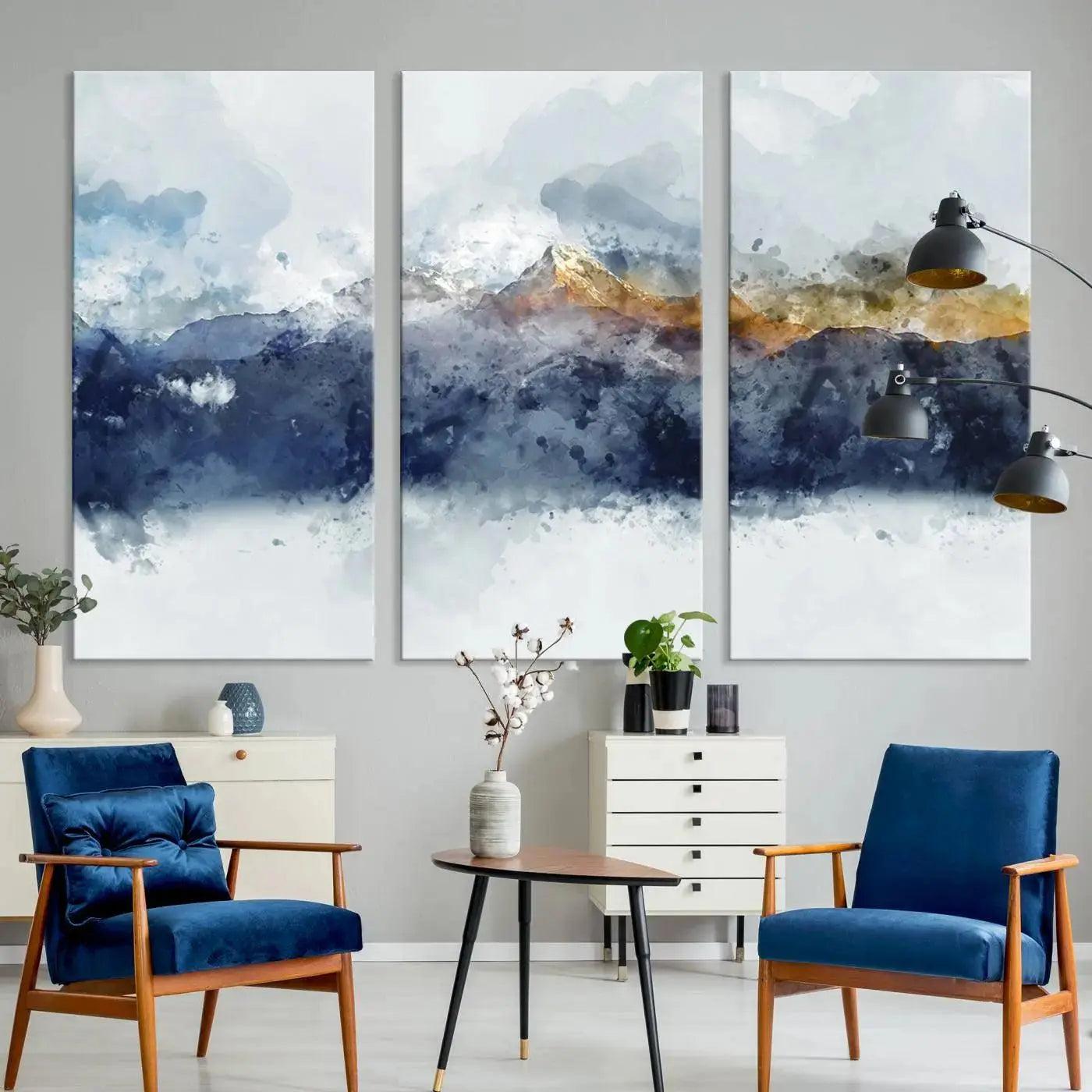 Abstract Mountain Range Art Canvas Print | 3 Panel Watercolor Landscape for Living Room, Office, or Bedroom | Large Ready-to-Hang Artwork